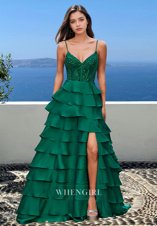 Vintage Spaghetti Straps A-Line Prom Dress V-Neck Tiered Ball Gown with Applique