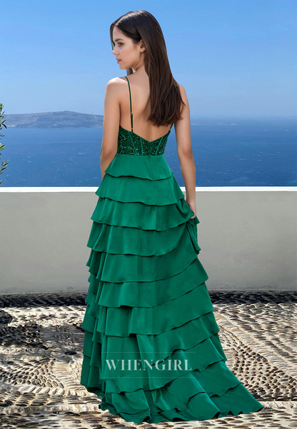 Vintage Spaghetti Straps A-Line Prom Dress V-Neck Tiered Ball Gown with Applique