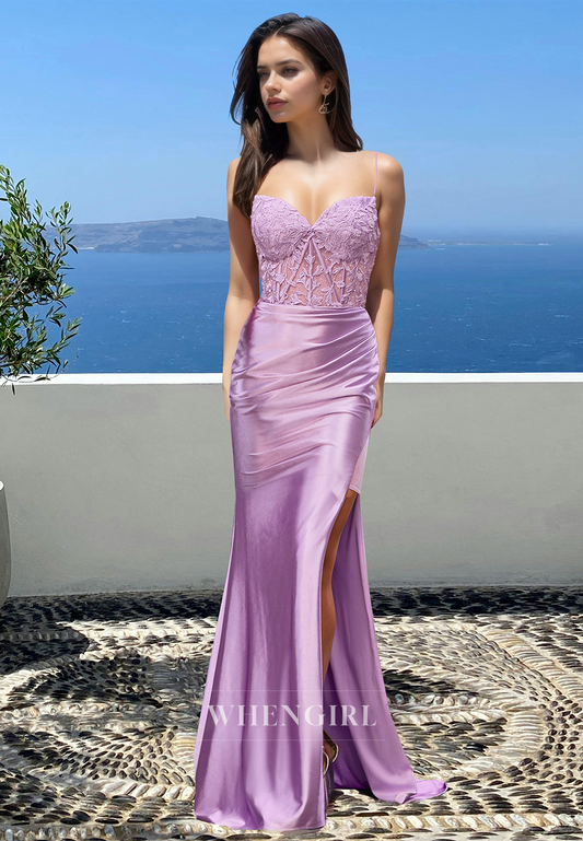 Cute Empire Waist Sweetheart Straps Pleats Satin Long Party Prom Dress with Slit