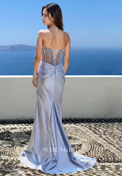Glamorous Tube Top Party Dress Sleeveless Sheath Satin Evening Gowns with Beaded