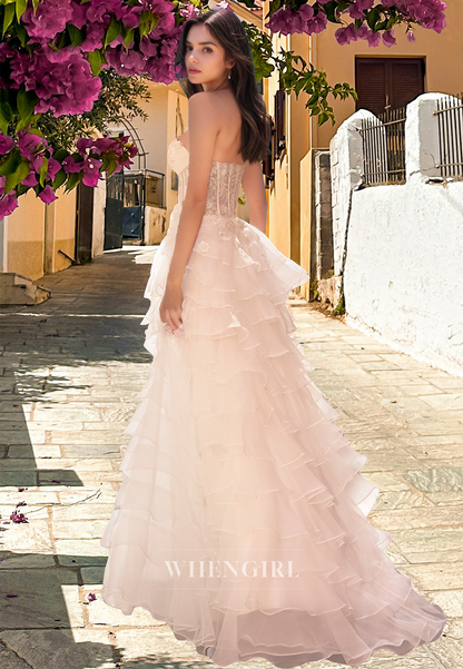 Romantic Sweetheart A-Line Beaded Tiered Lace Prom Dress Evening Gown with Applique
