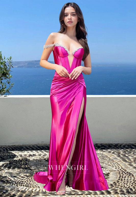 Beaded Fuchsia Off-Shoulder Sheath Satin Pleated Party Prom Dress with Slit