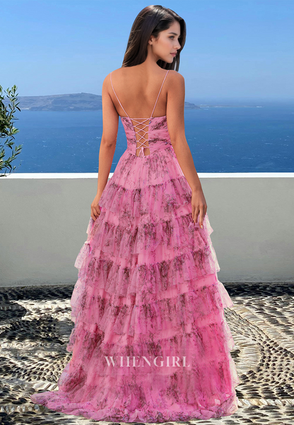 Elegant Spaghetti Straps V-Neck Tiered Lace Ball Gowns A-Line Lace Prom Dress with Appliques