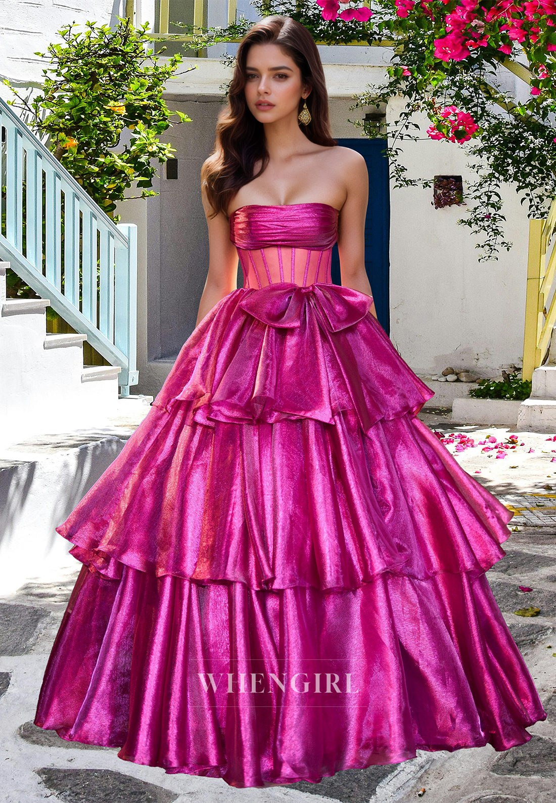 Gorgeous A-Line Tube Top Sleeveless Stripe Tiered Ball Gowns with Bows Evening Gowns