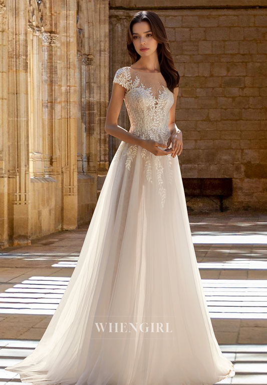 Beaded Scoop Neck Cap Sleeves A-Line Lace Beach Wedding Dress with Appliques Boho Gowns