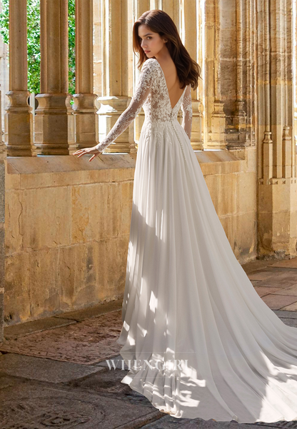 Classic Long Sleeves Scoop Neck A-Line Chiffon Beach Wedding Bridal Gowns with Applique