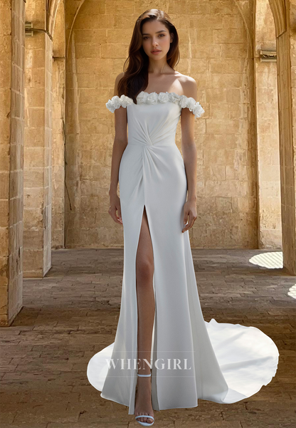 Romantic Tube Top Sleeveless Wedding Dress Side Slit Fitted Satin Bridal Gown with Floral