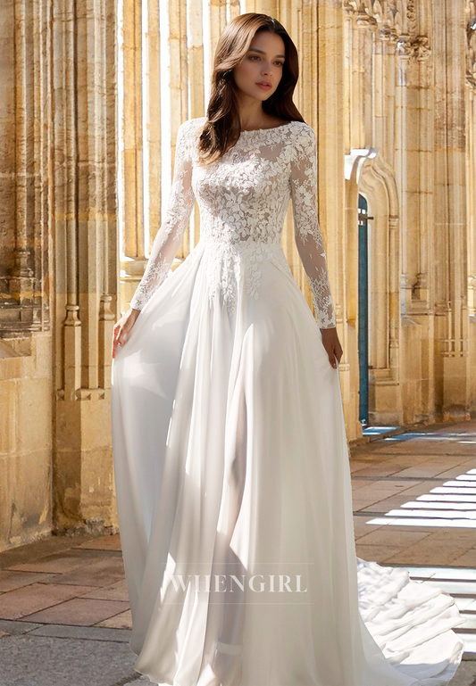 Classic Long Sleeves Scoop Neck A-Line Chiffon Beach Wedding Bridal Gowns with Applique