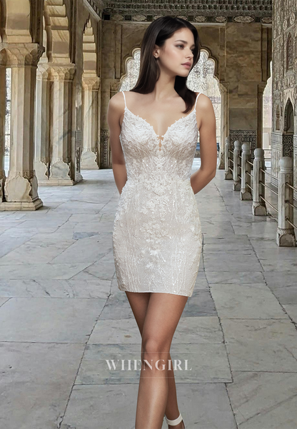 Bohemian Spaghetti Straps Sheath Appliques Lace Beach Wedding Dress with Overskirt