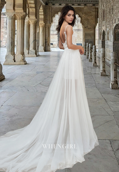 Bohemian Spaghetti Straps Sheath Appliques Lace Beach Wedding Dress with Overskirt