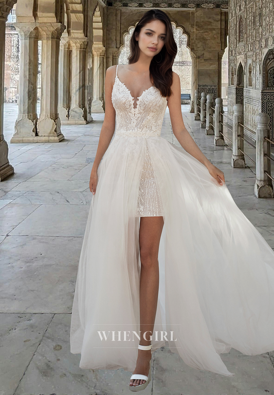 Bohemian Spaghetti Straps Sheath Appliques Lace Beach Wedding Dress with Overskirt