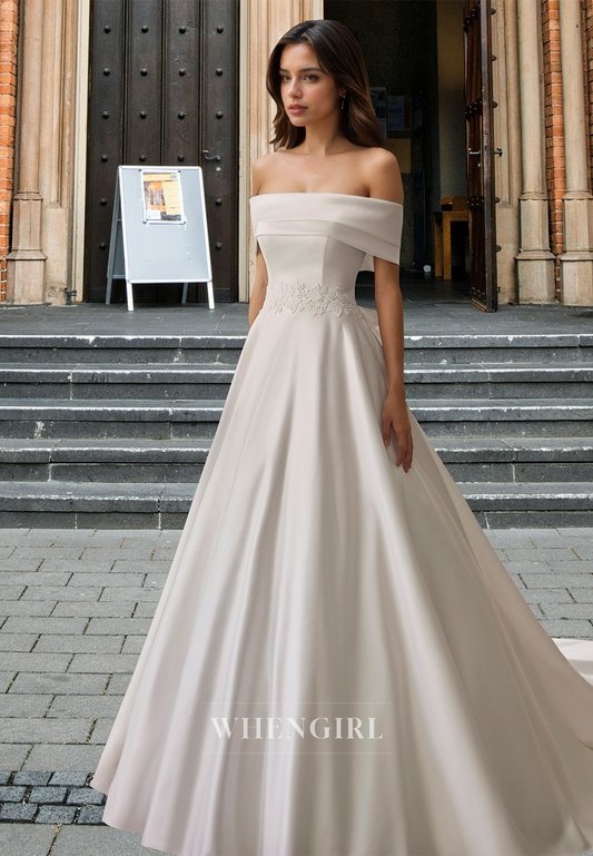 Elegant A-Line Tube Top Sleeveless Applique Satin Wedding Dress Bridal Gowns with Bows