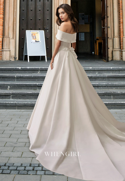 Elegant A-Line Tube Top Sleeveless Applique Satin Wedding Dress Bridal Gowns with Bows