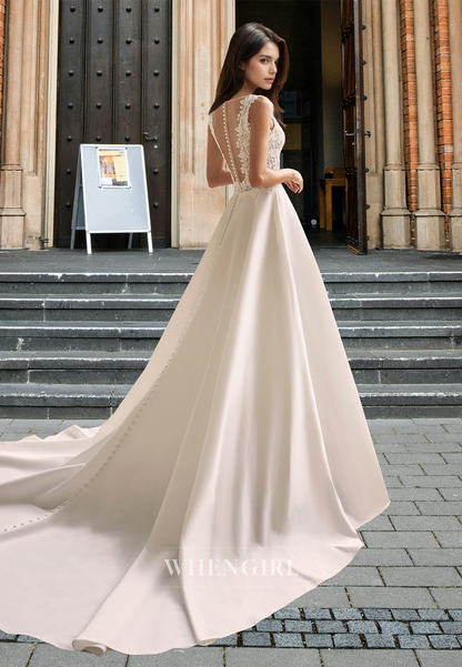 Graceful V-Neck Straps Wedding Dress A-Line Appliques Satin Bridal Gowns with Train