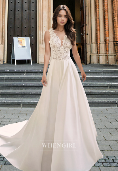 Graceful V-Neck Straps Wedding Dress A-Line Appliques Satin Bridal Gowns with Train