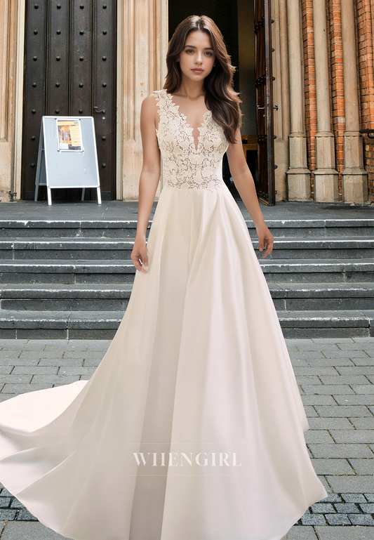 Graceful V-Neck Straps Wedding Dress A-Line Appliques Satin Bridal Gowns with Train