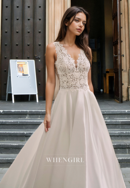 Graceful V-Neck Straps Wedding Dress A-Line Appliques Satin Bridal Gowns with Train