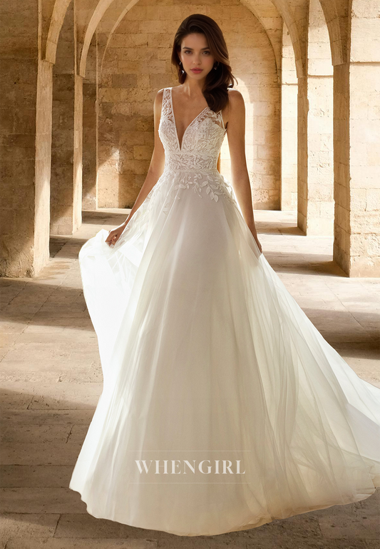 Bohemian A-Line V-Neck Straps Sleeveless Appliques Lace Long Beach Wedding Dress
