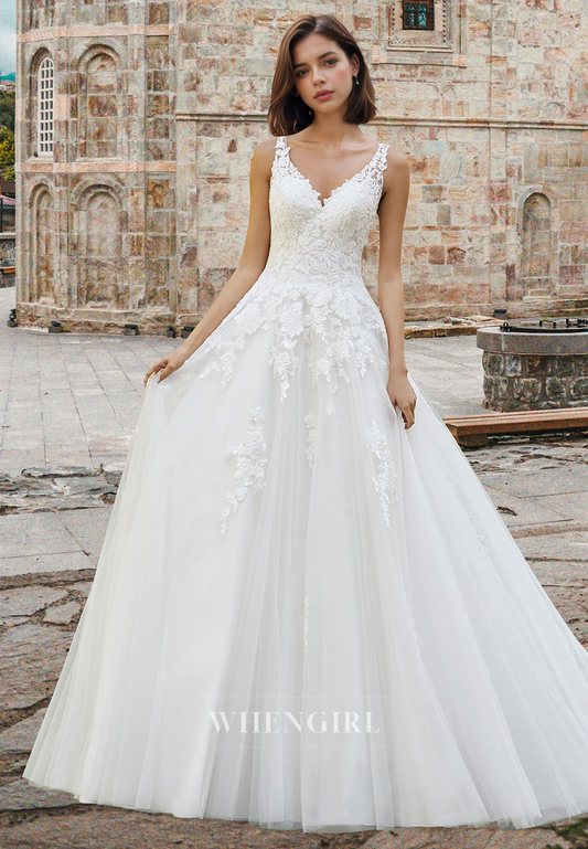 Luxurious A-Line V-Neck Straps Long Lace Beach Wedding Dress with Applique Boho Gowns