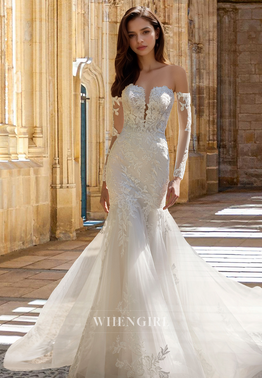 Romantic Long Sleeves Sweetheart Lace Mermaid Wedding Dress Bridal Gowns with Appliques