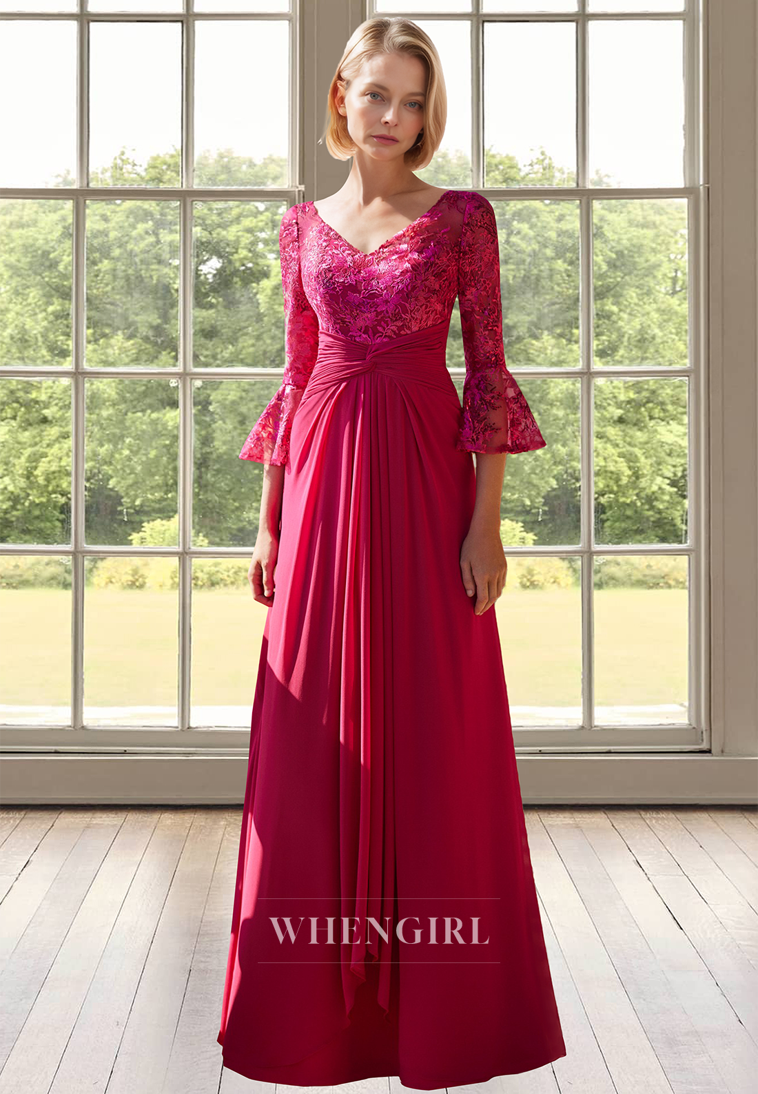 Elegant A-Line V-Neck Sleeves Ruched Mother of Bride Dress with Appliques Cocktail Gowns