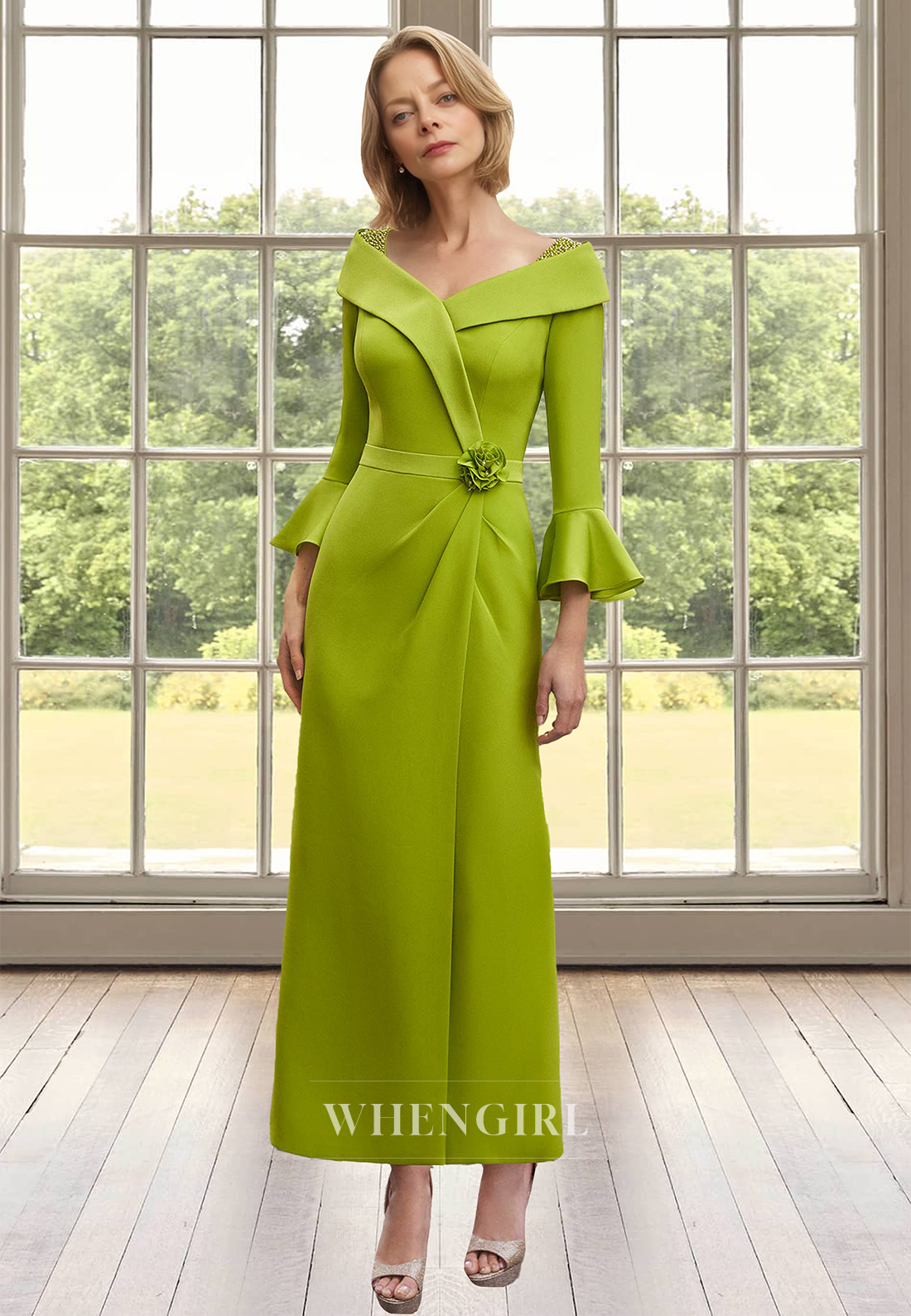 Classic Long Sleeves Sheath Floral Satin Long Mother of Bride Cocktail Gowns with Beads