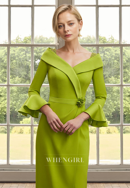 Classic Long Sleeves Sheath Floral Satin Long Mother of Bride Cocktail Gowns with Beads