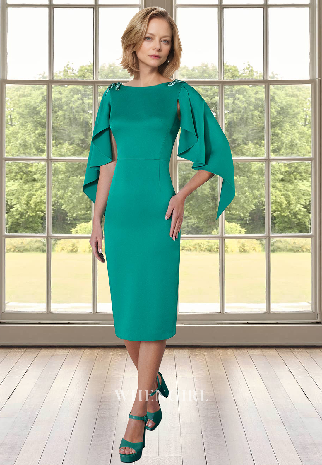 Elegant Scoop Neck Sheath Beaded Satin Mother of Groom Cocktail Dress with Appliques