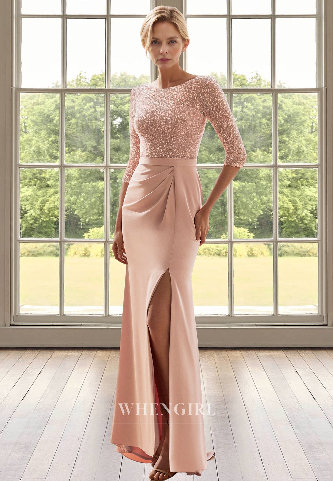 Beaded Scoop Neck Half Sleeves  Sheath Satin Cocktail Gown Mother of Groom with Slit