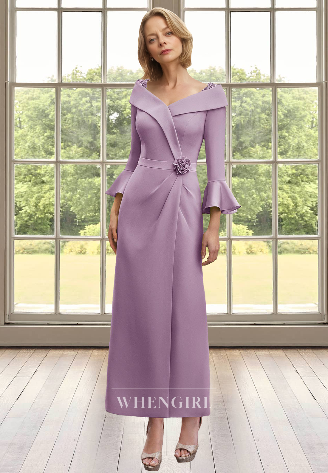 Classic Long Sleeves Sheath Floral Satin Long Mother of Bride Cocktail Gowns with Beads
