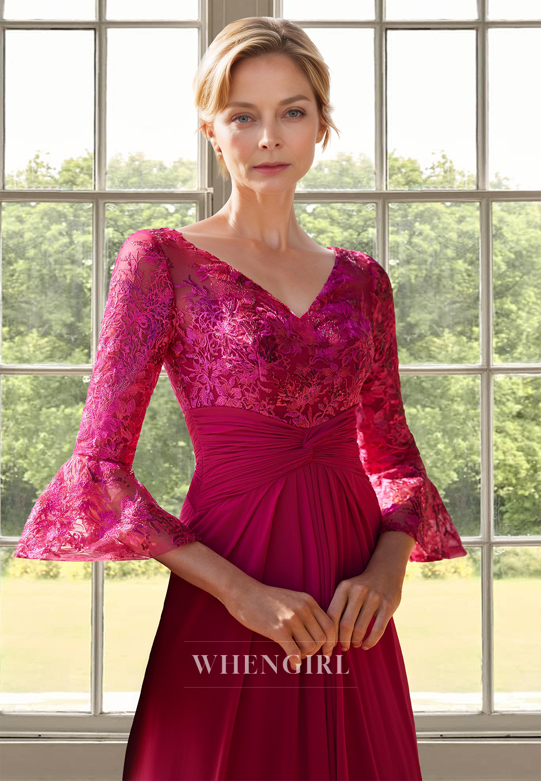 Elegant A-Line V-Neck Sleeves Ruched Mother of Bride Dress with Appliques Cocktail Gowns