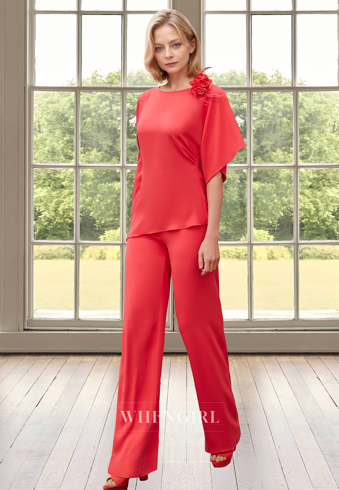 Classic Half Sleeves Scoop Neck Sheath Chiffon Cocktail Jumpsuits with Floral Mother of Groom