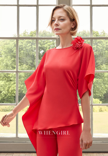 Classic Half Sleeves Scoop Neck Sheath Chiffon Cocktail Jumpsuits with Floral Mother of Groom