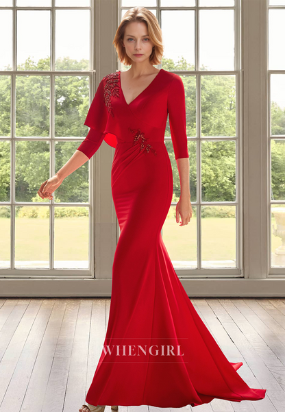 Glamorous Half Sleeves V-Neck Mermaid Applique Satin Cocktail Gown Mother of Bride with Beads