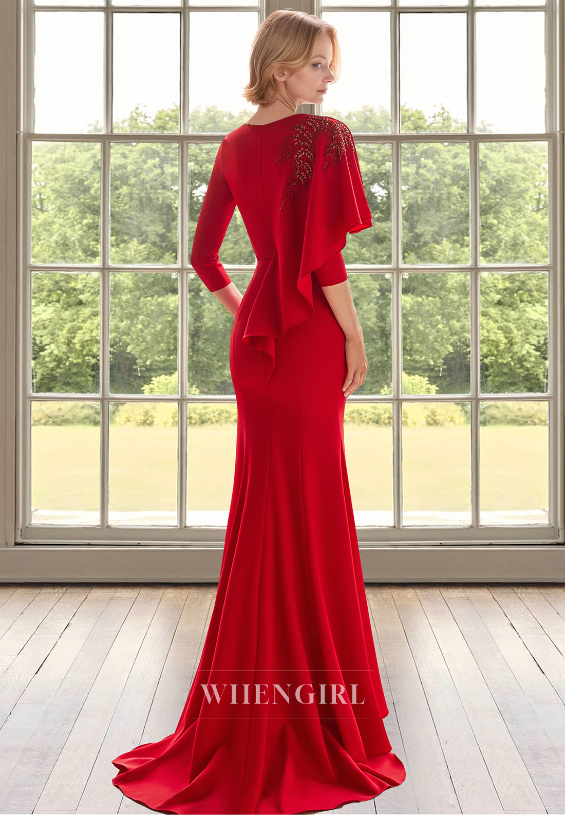 Glamorous Half Sleeves V-Neck Mermaid Applique Satin Cocktail Gown Mother of Bride with Beads