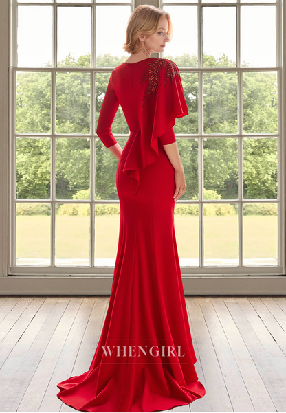 Glamorous Half Sleeves V-Neck Mermaid Applique Satin Cocktail Gown Mother of Bride with Beads