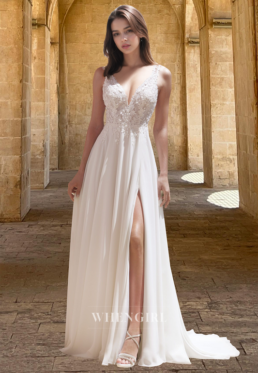 Classic V-Neck Straps Side Slit Wedding Dress A-Line Chiffon Bridal Gown with Appliques