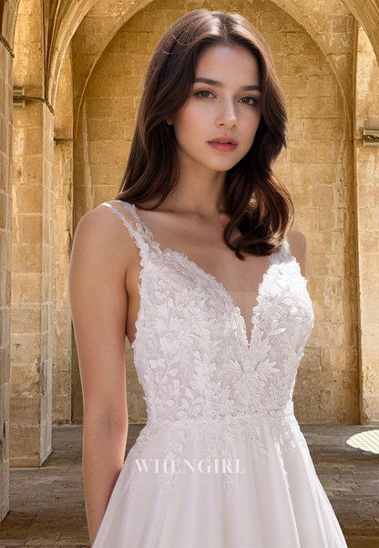 Classic V-Neck Straps Side Slit Wedding Dress A-Line Chiffon Bridal Gown with Appliques