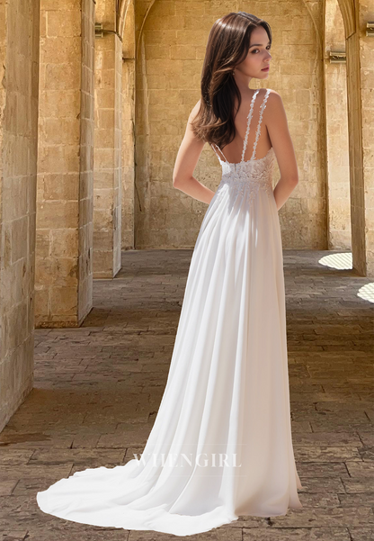 Classic V-Neck Straps Side Slit Wedding Dress A-Line Chiffon Bridal Gown with Appliques