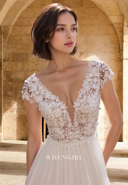 Elegant Cap Sleeves A-Line V-Neck Appliques Beach Wedding Dress with Train Boho Gowns