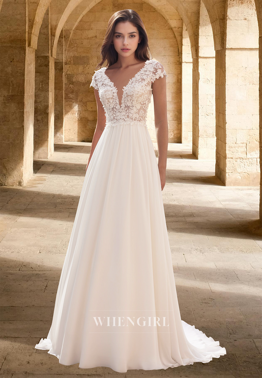 Elegant Cap Sleeves A-Line V-Neck Appliques Beach Wedding Dress with Train Boho Gowns