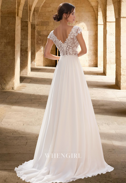 Elegant Cap Sleeves A-Line V-Neck Appliques Beach Wedding Dress with Train Boho Gowns