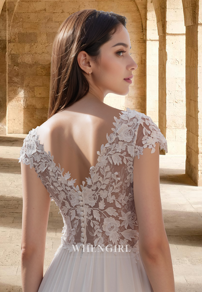 Elegant Cap Sleeves A-Line V-Neck Appliques Beach Wedding Dress with Train Boho Gowns