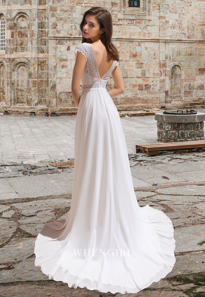Simple A-Line V-Neck Cap Sleeves High Split Bridal Gowns Boho Wedding Dress with Applique