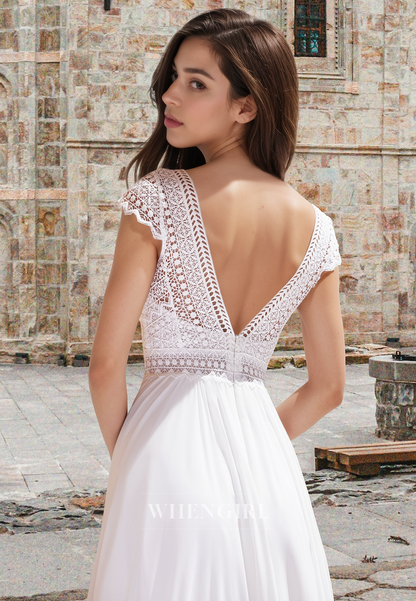 Simple A-Line V-Neck Cap Sleeves High Split Bridal Gowns Boho Wedding Dress with Applique