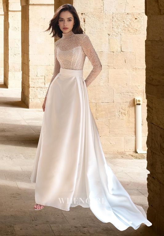Striking High Neck Long Sleeves Fitted Satin Beaded Wedding Bridal Gowns with Train