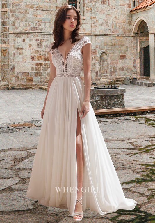 Simple A-Line V-Neck Cap Sleeves High Split Bridal Gowns Boho Wedding Dress with Applique