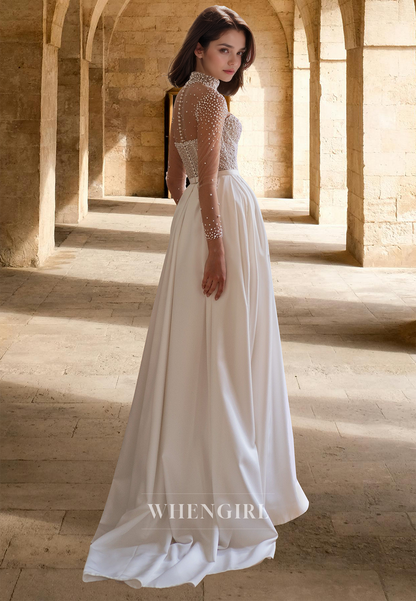 Luxurious Long Sleeves A-Line High Neck Beaded Satin Wedding Dress Boho Gowns