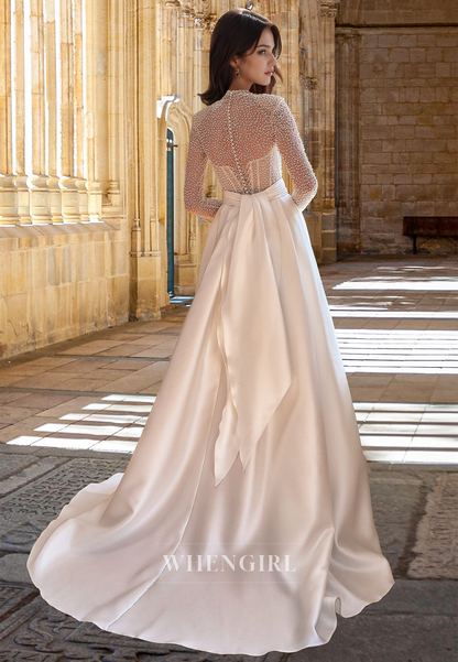 Striking High Neck Long Sleeves Fitted Satin Beaded Wedding Bridal Gowns with Train