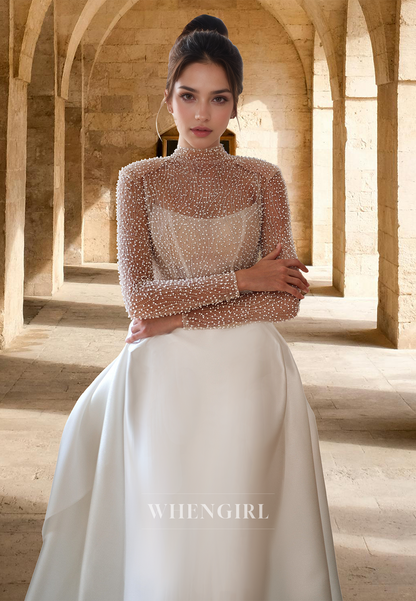 Striking High Neck Long Sleeves Fitted Satin Beaded Wedding Bridal Gowns with Train